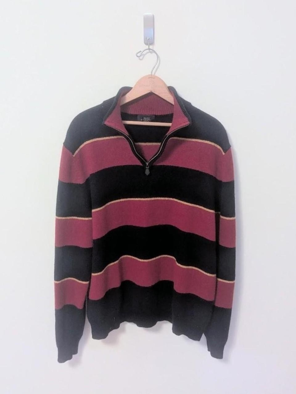 Brooks Brothers Black & Burgundy Striped Quarter-Zip Sweater